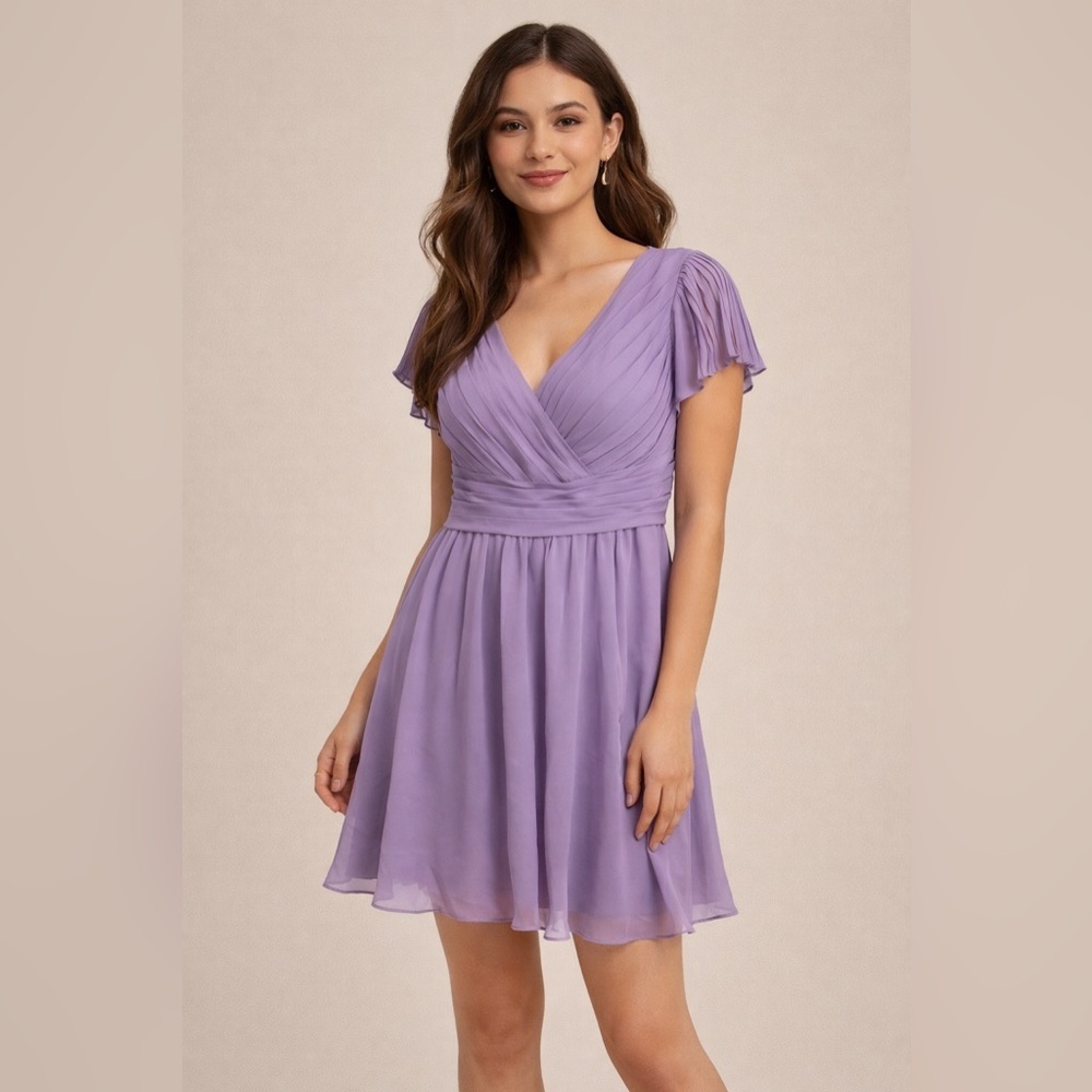 NWOT Azazie Lavender Chiffon Dress Pleated V-Neck Flutter Sleeve Mini Size C
